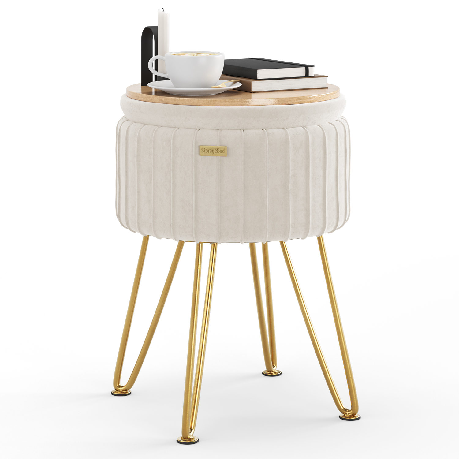 LammaLoe Small Round Ottoman with Storage, Pleated Velvet Ottoman Foot Stool with Lid, Upholstered Vanity Stool for Living Room & Bedroom, Cream