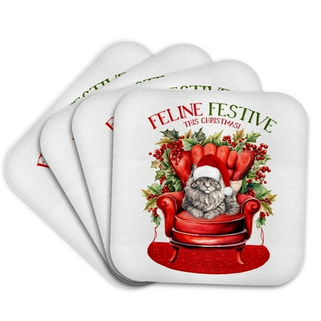 

3dRose Cute Gray Fluffy Cat with Christmas Holiday Decor for Cat Moms Set of 4 Coasters - Soft