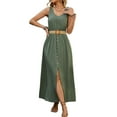 thumbnail image 2 of Robes d'Été pour Femmes Sans Manches à Boutons Taille Décontractée Ligne A Évasée Robe Midi Robe d'Été Vert P, 2 of 10