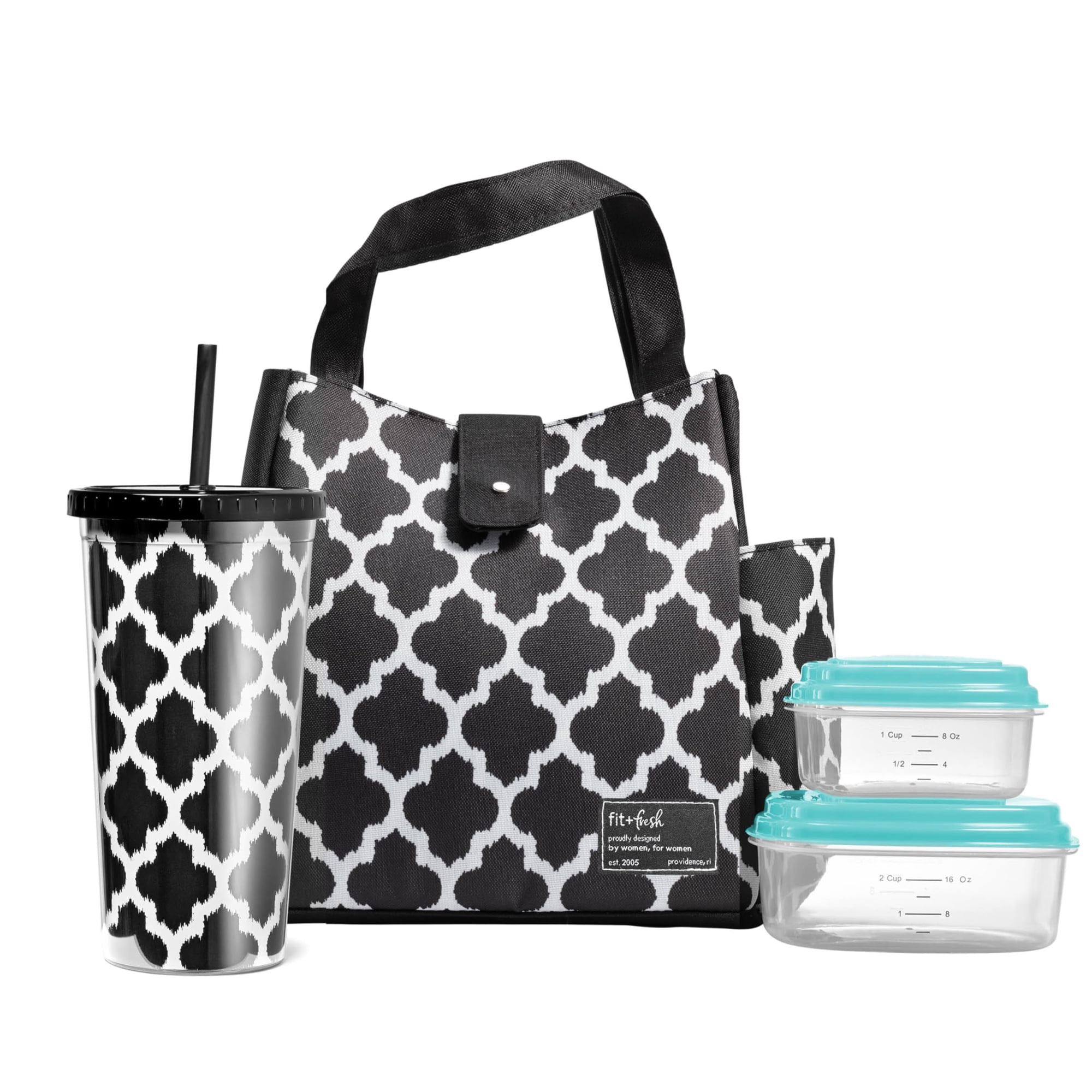 Fit & Fresh Medport 989FF456 Insulated Designer Lunch Bag Kit with Fresh Selects Container Set & Patterned Water Bottle