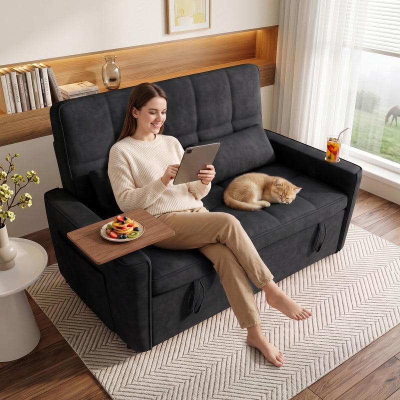 Anpport 3‑in‑1 Convertible Sleeper Sofa Bed, Pull‑Out Sofa with Side Desk, USB Ports, Cup Holders, Storage Armrests & Adjustable Backrest for Living Room Apartment, Black