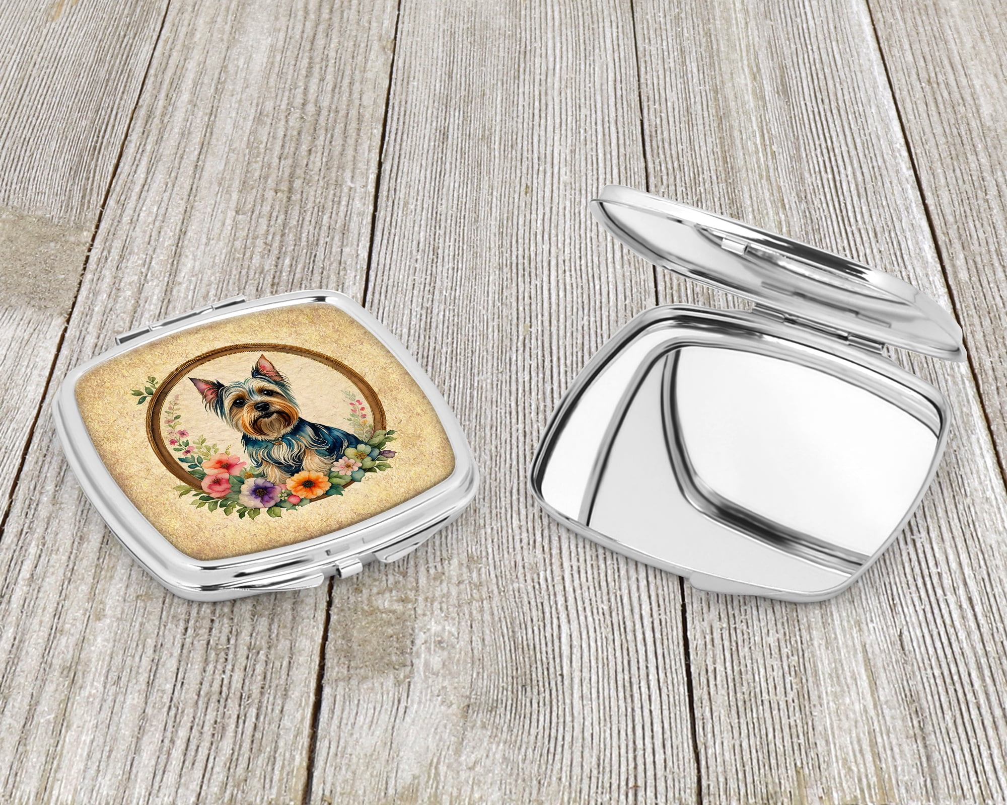 Silky Terrier and Flowers Compact Mirror 2.75 in x 3 in