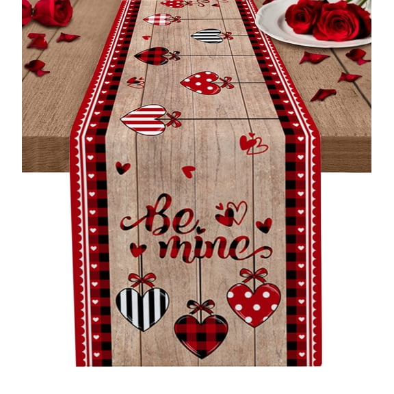 Valentine's, Table Runner 72 Inches, Farmhouse Love Heart Boho Brown Checkered Bed Runner Dresser Scarves Tabletop for Indoor Outdoor Parties/Ceremony/Banquet, 13" x 72"