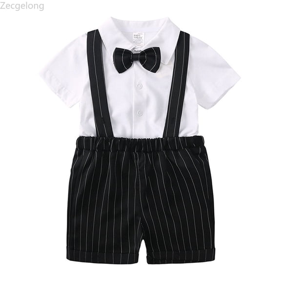 Zecgelong Baby Boys Gentleman Bowtie Suit Striped Suspender Shorts Shirt Tops Set Outfids 2PCS Clothes Boys Summer Outfits Sets Size 2-3 Years