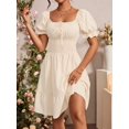thumbnail image 5 of Apricot Square Neck Ruched Waist A-Line Dress With Puffed Sleeves And Tiered Hem, 5 of 6
