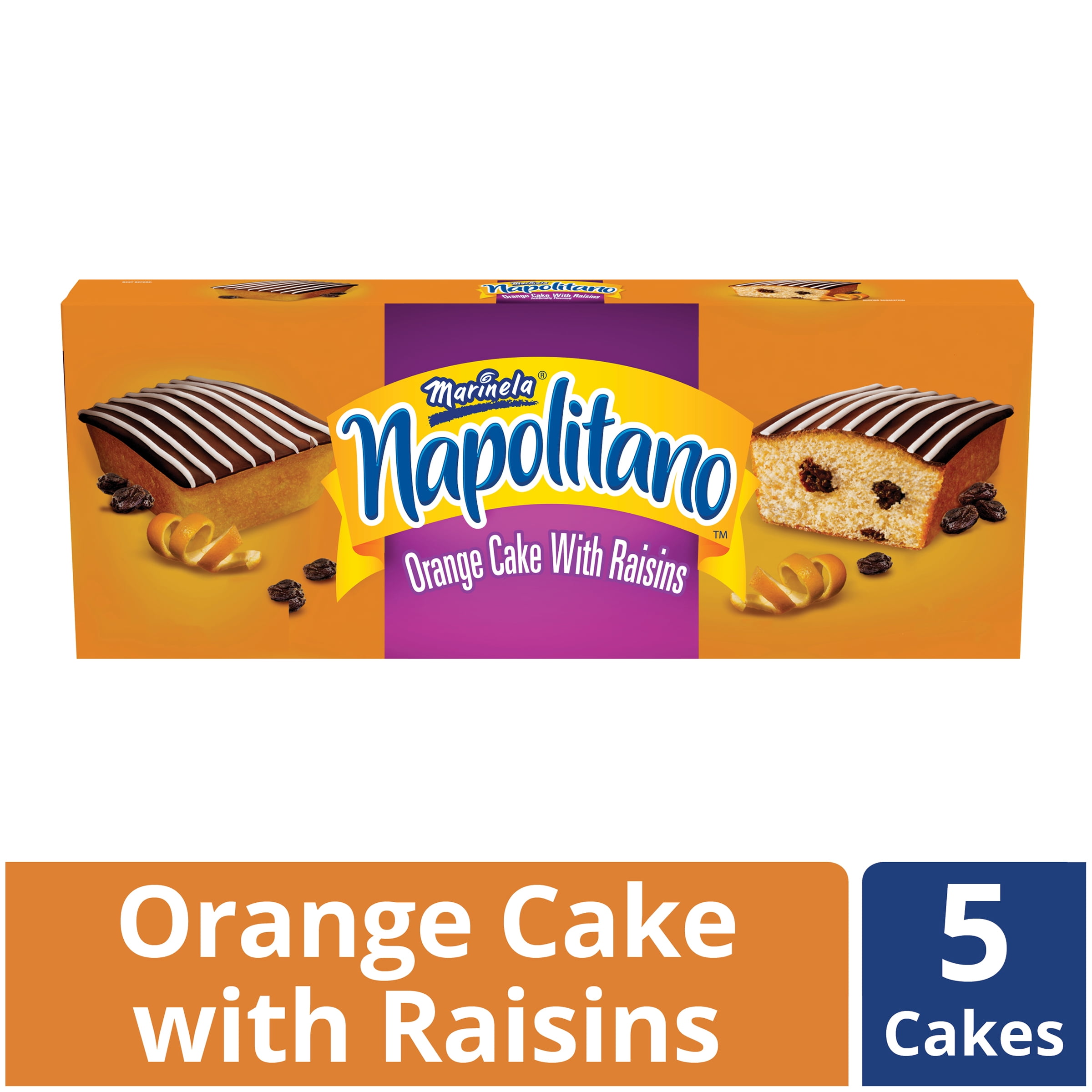 Marinela Napolitano Iced Orange Snack Cakes with Raisins, 5 Snack Cakes