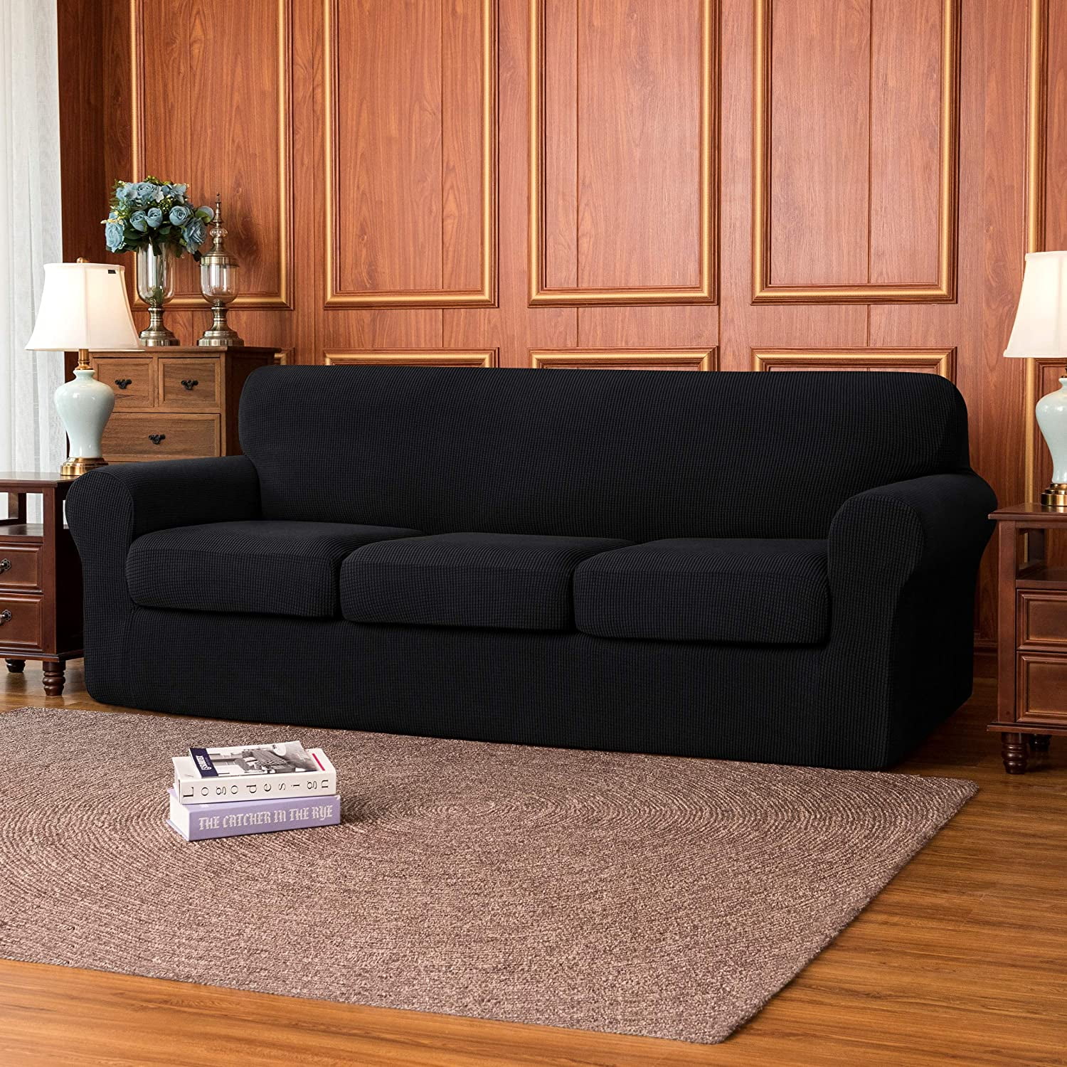 Subrtex 4-Piece Stretch Textured Grid Sofa Cover Slipcover,Separate Cushion Cover(Black, Sofa)
