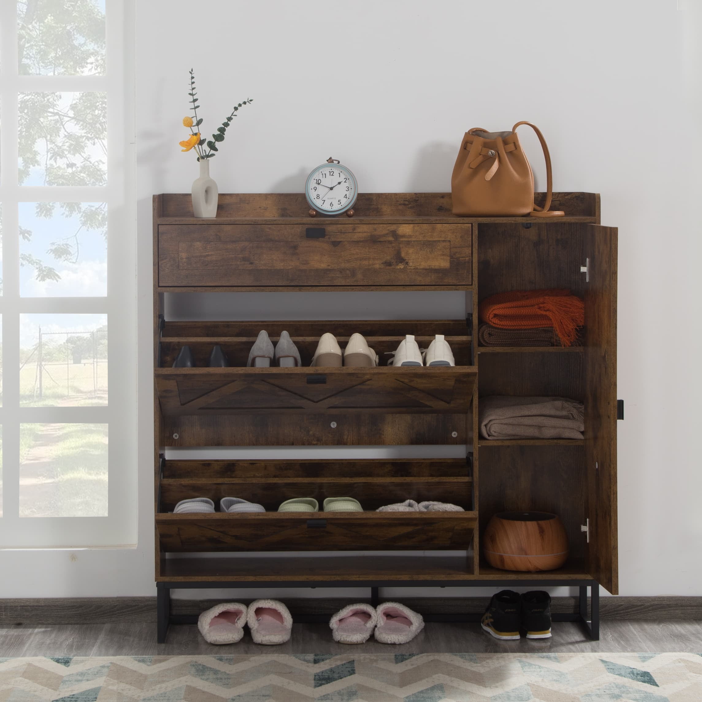 BSHTI Shoe Storage Cabinet with 2 Flip Drawers & Side Cabinet, High-Quality MDF in a Rustic Brown Finish, Adjustable & Versatile Storage, Easy Assembly