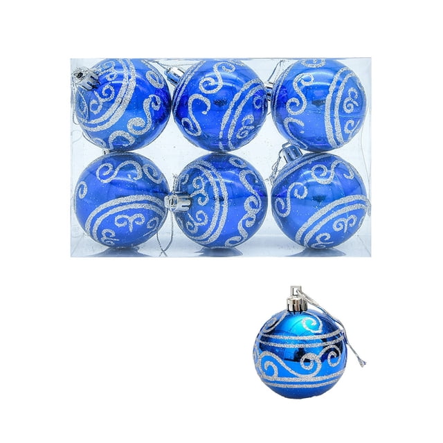 Blue Christmas Ball Pendant Set With Hot Silver Striped Paint Design For Tree And Holiday Decor Plastic Material With Sparkling Finish 6 Pieces Set Size 2.36X2.36X2.36 Inches