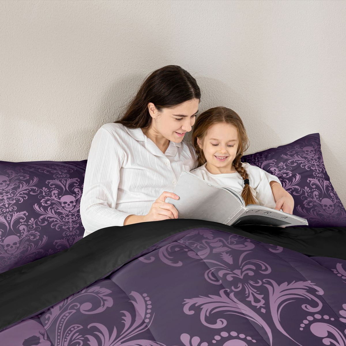 Adults Salmon Violet Damask Bedding Set Antique Victorian Baroque Comforter Set King,Gothic Vintage Floral Quilt Exotic Sugar Skull Duvet Insert,Gothic Bone Skeleton Bohemian Decor,Dark Purple