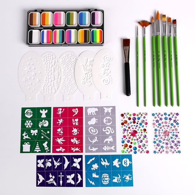 Watercolor Paint Palette Set Painting Colors Set Professional Face Split Cakes with 8 Paintbrushes+10 Stencils+2