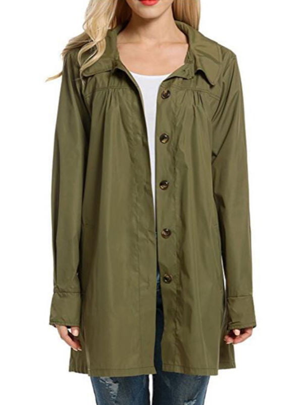 Women Botton Hooded Long Rain Coat Forest Jacket Outdoor Waterproof ...