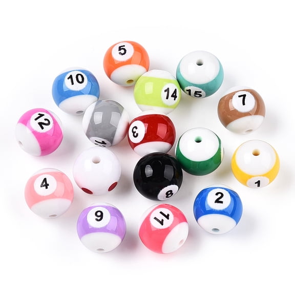 Opaque Resin Billiards Beads Round Beads with Number Mixed Color 16x15.5mm Hole: 2mm