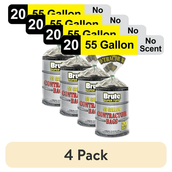 (4 pack) Brute Super Tuff® Contractor Bags, 55 Gallon, 20 Bags (Twist Tie)