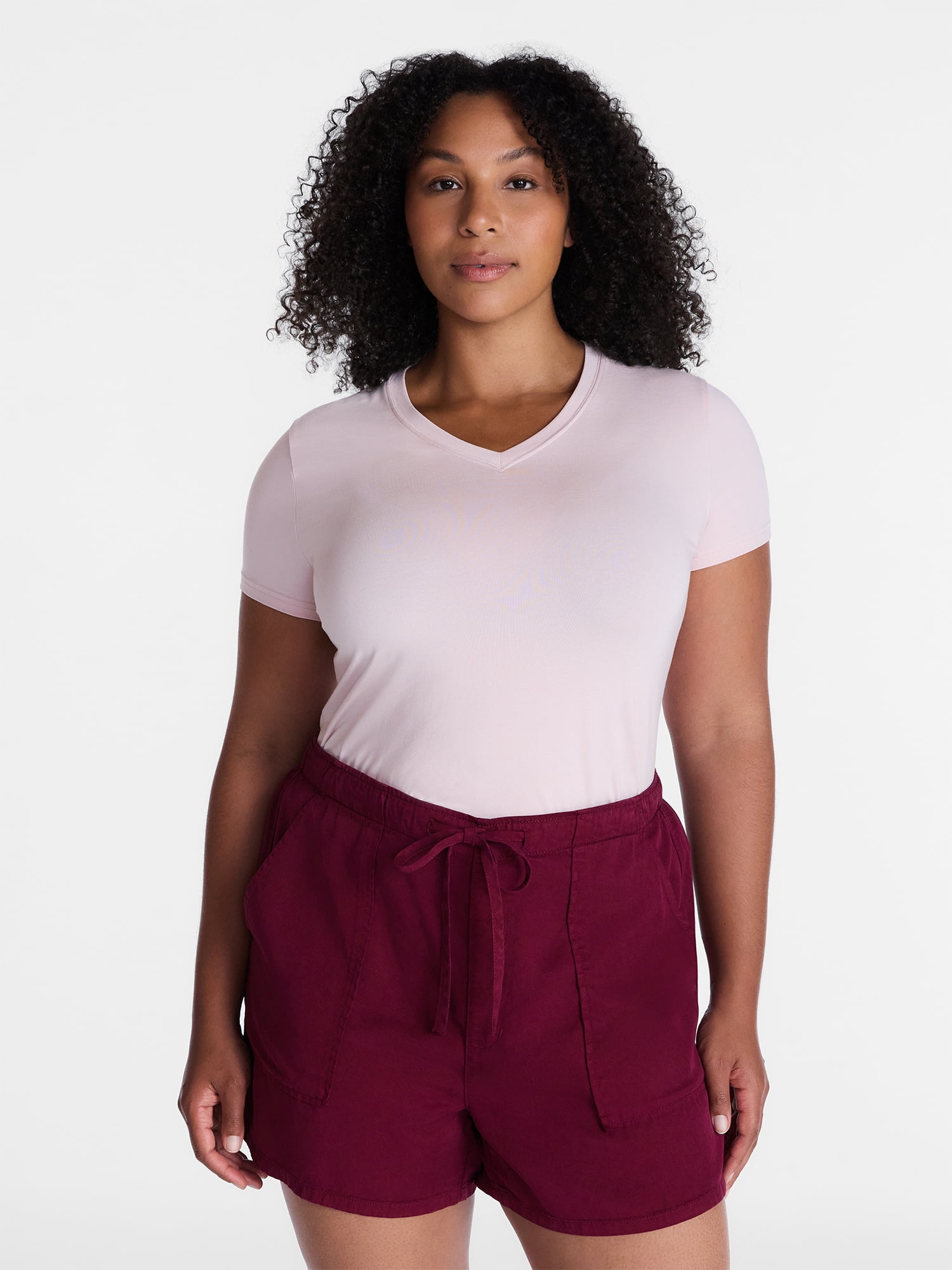 Time and Tru Women's Slim V Neck Tee with Short Sleeves, Sizes XS-XXXL