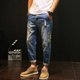 thumbnail image 4 of Pantalones vaqueros retro para hombre, estilo Kpop, de color azul claro y con agujeros, para hombre, rotos, ajustados y cónicos, de diseñador, tallas XS, 4 of 5