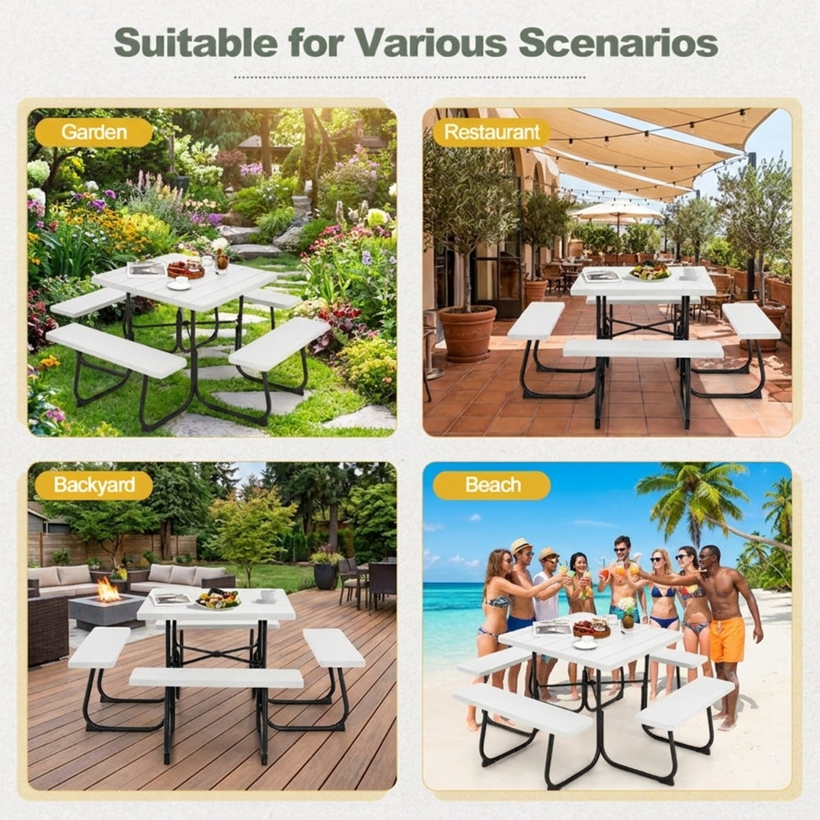 Biotree Outdoor Picnic Table with 4 Benches and Umbrella Hole 67-Inch Round Metal and HDPE Patio Table for Backyard Garden and Deck, White