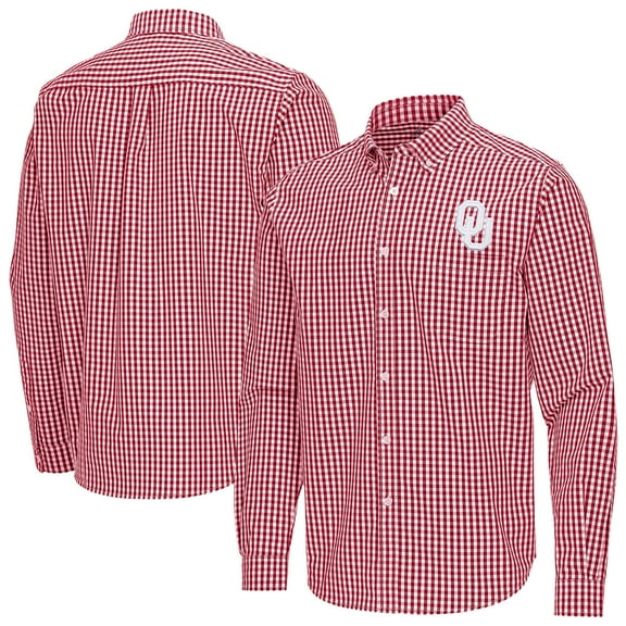 Men's Antigua Crimson Oklahoma Sooners Ellis Woven Tri-Blend Long Sleeve Button-Down Shirt