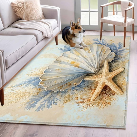 Coastal Shell Area Rug 4x6 Washable Rug Non Slip Starfish Summer Beach Nautical Ocean Large Area Rug Indoor Floor Carpet for Entryway Bedroom Kitchen Living Room Home Office Dining Room Nursery