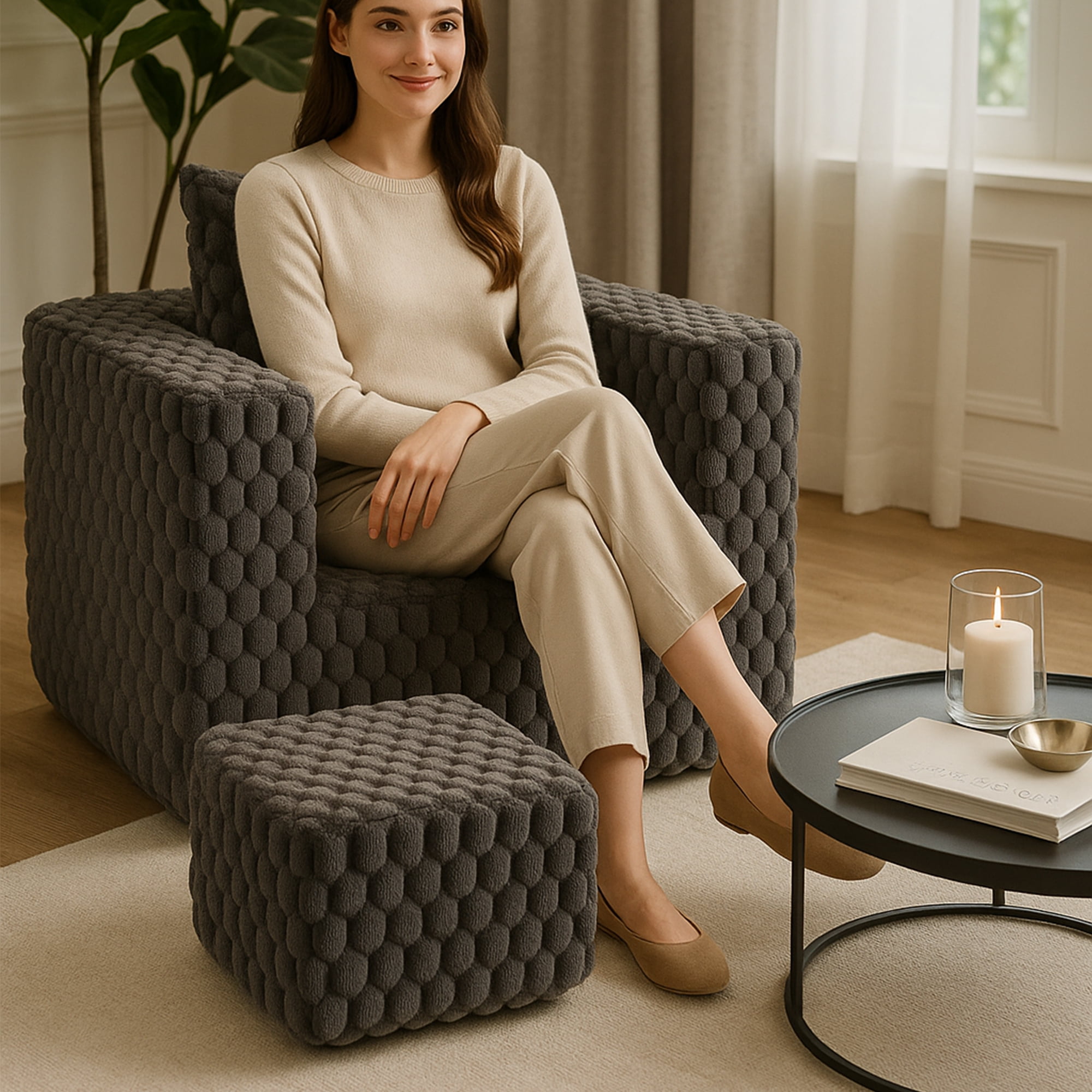 Demi Bonn 42" Corduroy Sofa Couches, Sofa Memory Foam Couches for Living Room, Cloud Couch with Ottoman, Gray