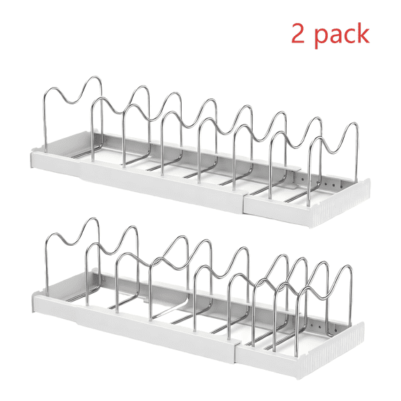 2 Pack Expandable Cabinet Organizer – 22" Pots and Pans Organizer Under Cabinet with 9 Adjustable Dividers, Kitchen Organizers and Storage for Lids & Tupperware, Inside Cabinet Pan Organizer (White)