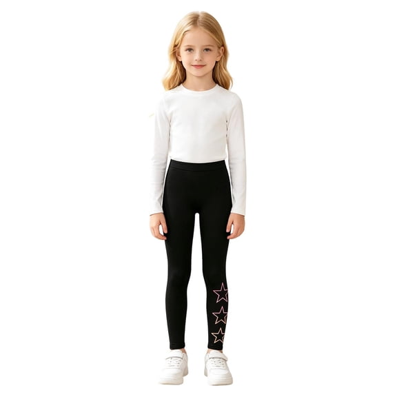 Tfken Child Soft Comfy Pants School Daily Wear Leggings For Girls Stretch Pants High Waist Star Graphic Kids Casual Clothes Size 9-10 Years Black
