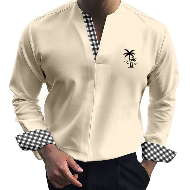 Camisas De Vestir Para Hombre Camisa de manga larga para hombre con un tercio de cárdigan, camisa ajustada, camisa informal para el , árbol de (Khaki, L)