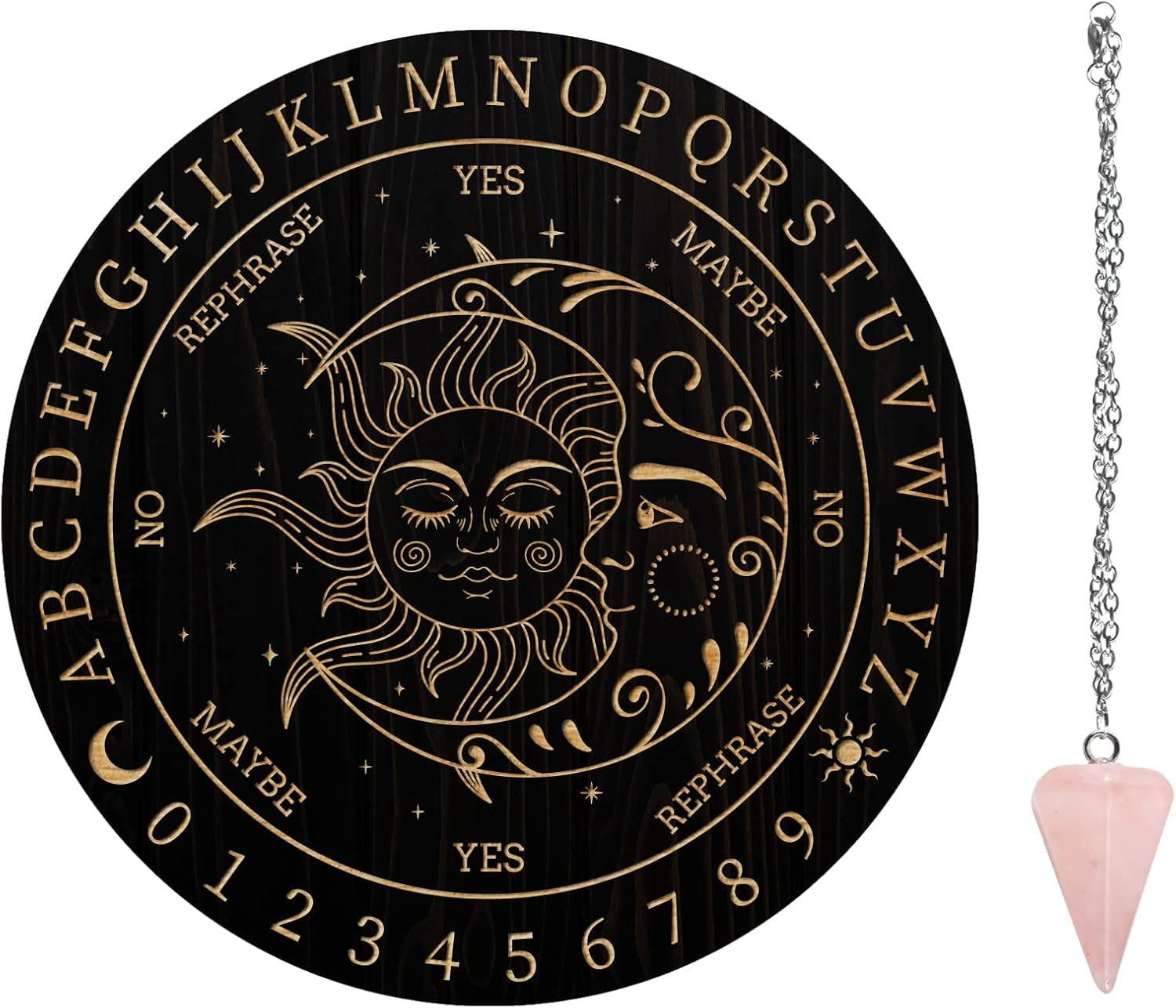 AHANDMAKER Magisches Mond-Pendel-Board – Aus Holz Mit Rosenquarz-Pendel Für Wahrsagung & Meditation