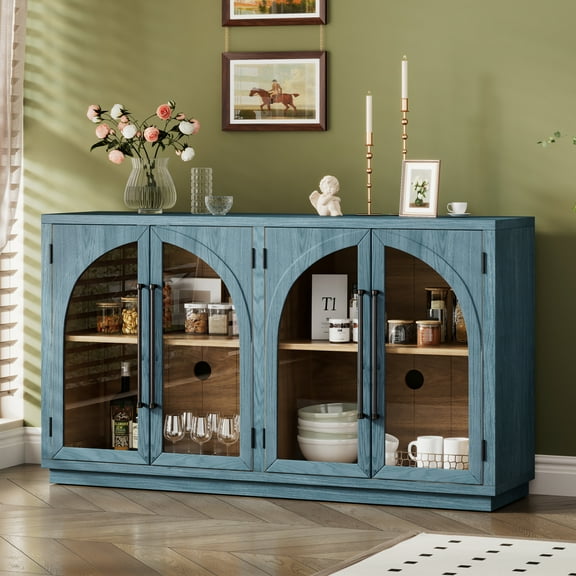 4-Door Large Storage Sideboard Buffet Cabinet with Glass Doors, Arched Cabinet with Adjustable Shelves for Kitchen, Dining Room and Living Room (Natural Wood)