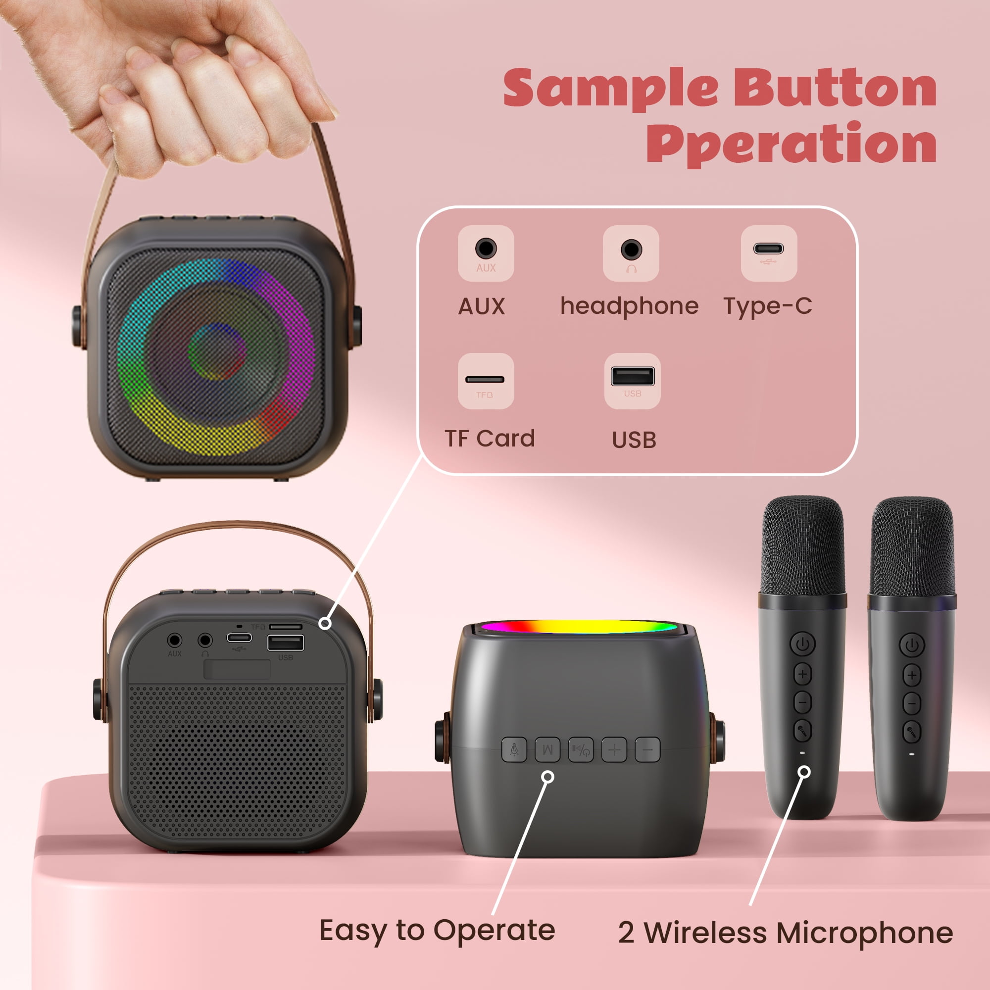 Bonaok Mini Karaoke Machine Toys, Portable Microphones for Kids Adults, Wireless Speaker Machine with LED Lights, Home Party Birthday Gifts for 3-12 Years Old Girls Boys