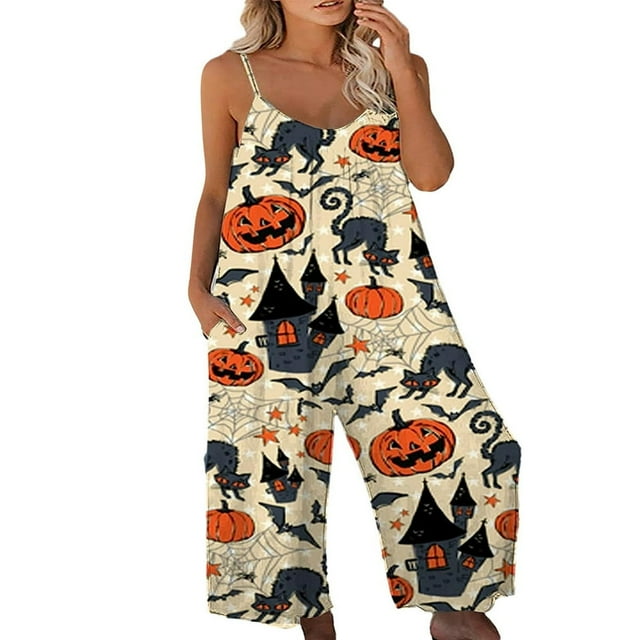 Halloween Womens Pumpkin Bat Print Overalls Loose Playsuit Loungewear Rompers Jumpsuit with Pockets