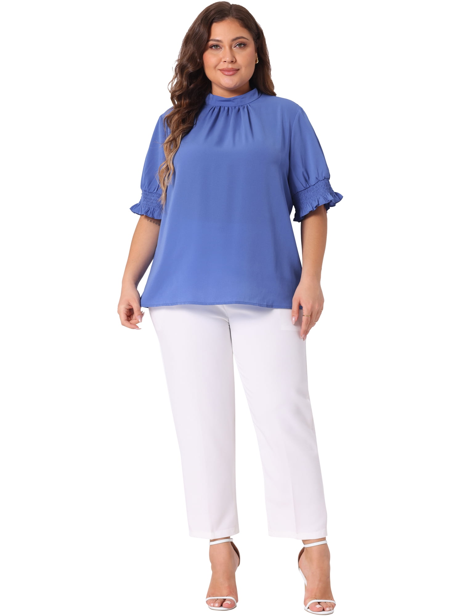 DARING DIVA Women's Plus Office Pleated Short Puff Sleeves Mock Neck Top 1X Blue