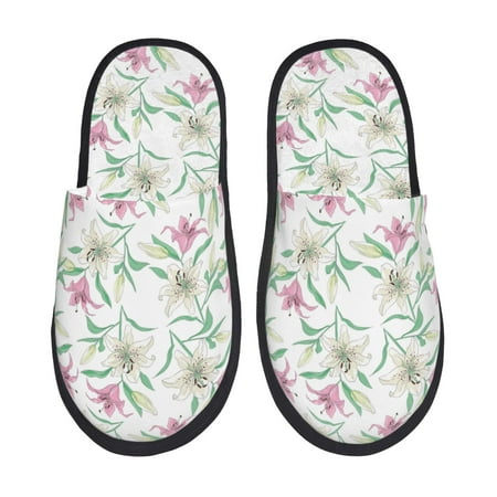 Balery Lilies Flowers Slient Indoor Furry Fleece Comfort House Shoes Soft Non-Slip Home Shoes Cotton slippers House Slippers-- Medium