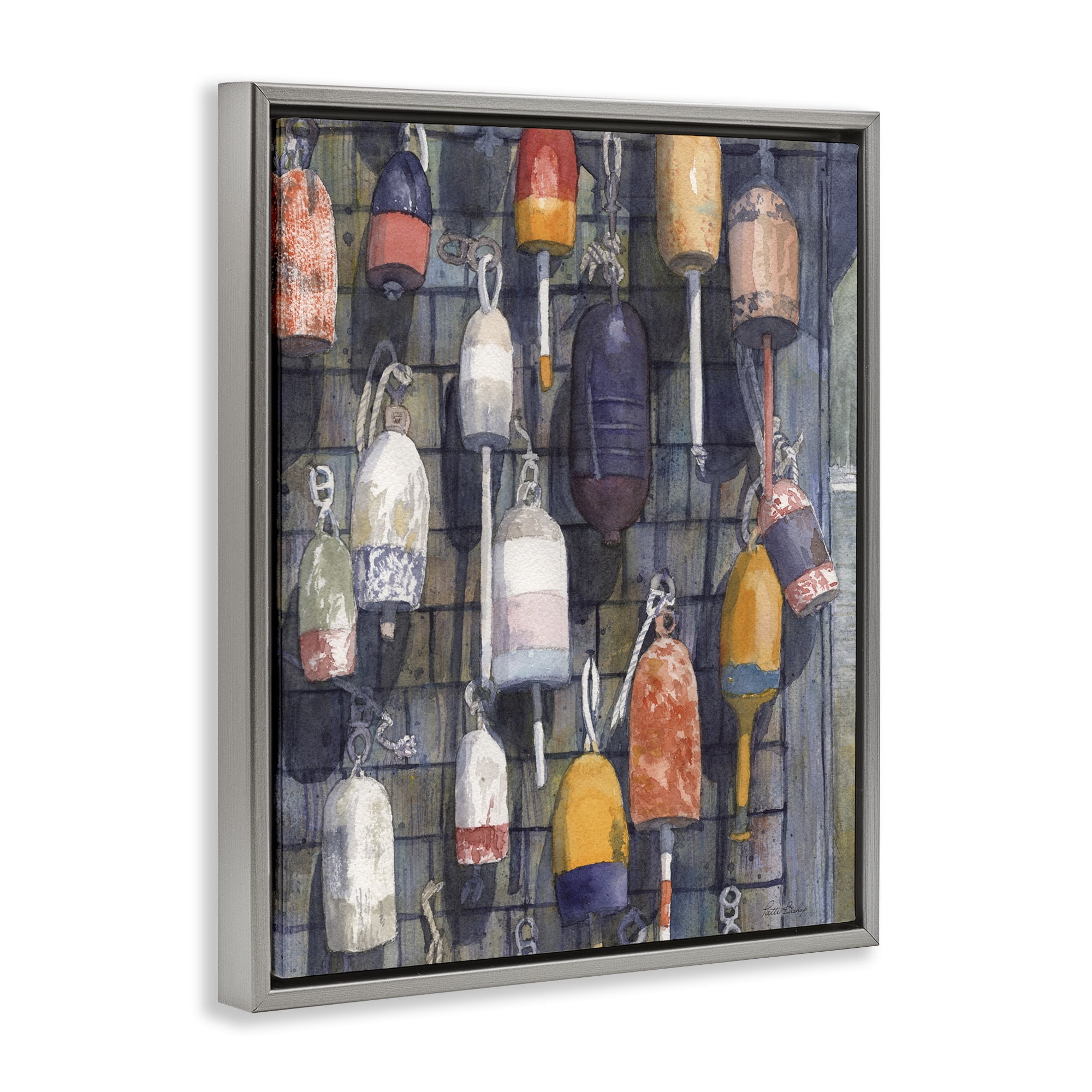 Stupell Industries Watercolor Hanging Buoys Gray Framed Floater Canvas Wall Art, design by Patti Bishop