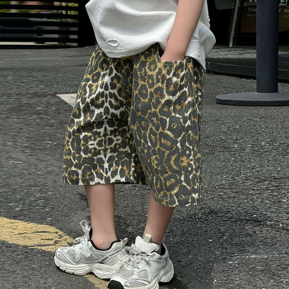 Boys Casual Shorts Retro Leopard Print Denim Pants For Kids Comfortable Breathable Summer Outfit Playwear For Toddlers To Teens 2025 NEW Boys Pants Yellow 13-14 Years