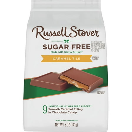 RUSSELL STOVER Sugar Free Caramel Chocolate Candy Tiles, 5 oz. bag