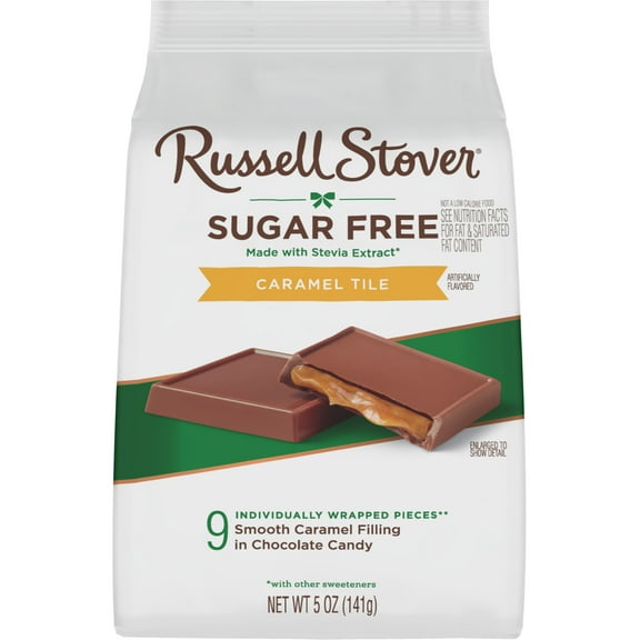 RUSSELL STOVER Sugar Free Caramel Chocolate Candy Tiles, 5 oz. bag