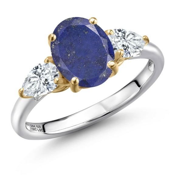 Gem Stone King 925 Silver and 10K Yellow Gold Blue Lapis and White Moissanite Engagement Ring for Women | 2.80 Cttw | Oval 9X7MM | Gemstone Birthstone | Size 7