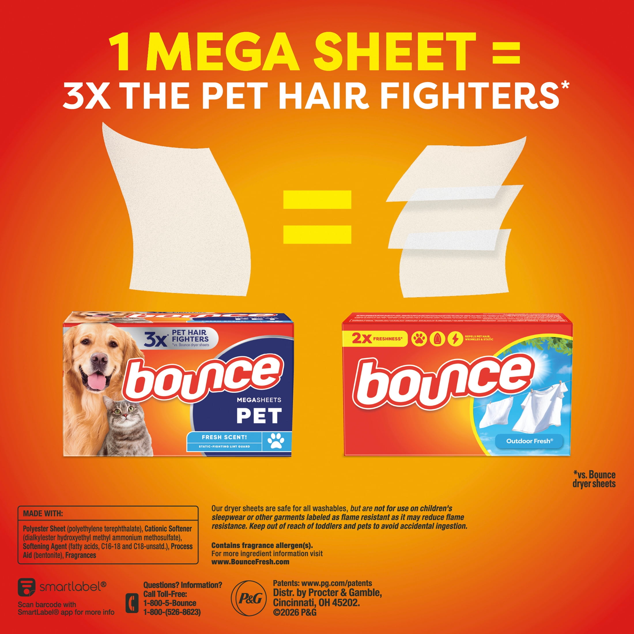 Bounce Mega Dryer Sheets, Pet Hair and Lint Guard, Fresh Scent, 55 Count