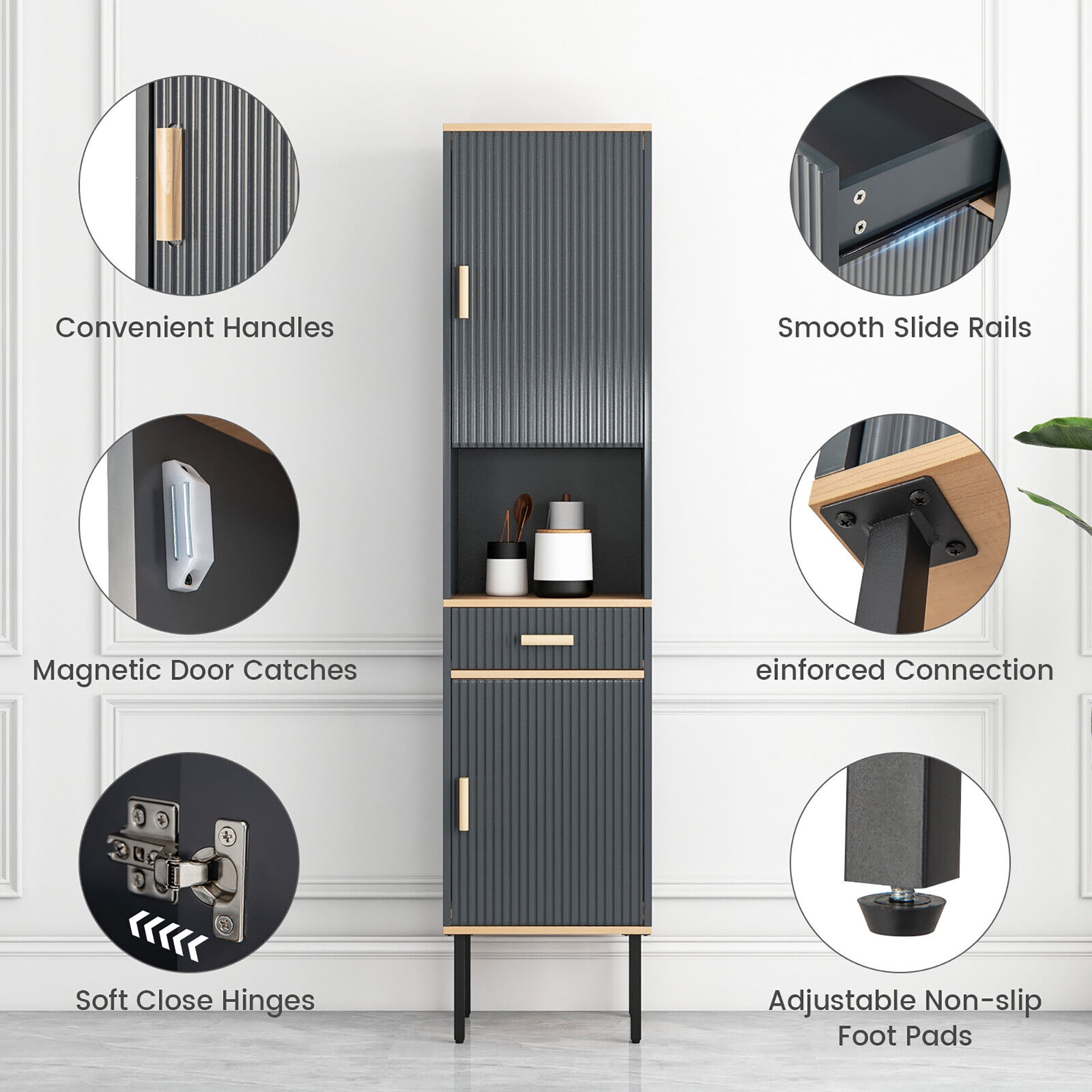 Gymax Tall Bathroom Storage Cabinet Freestanding Narrow Linen Tower w/ Doors & Drawer