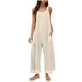 thumbnail image 2 of Wiyuqeen Waffle Jumpsuits for Women Sleeveless Crew Neck Wide Leg Rompers Solid Vintage Overalls Cropped Pants with Pocket Memorial Day Gifts, 2 of 7