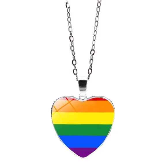 PAMTIER Unisex Alloy 25mm Simple Heart Shaped Cool Colorful Stripes Rainbow Flag LGBT Gay Pride Pendant Necklace Equality Eternity Love