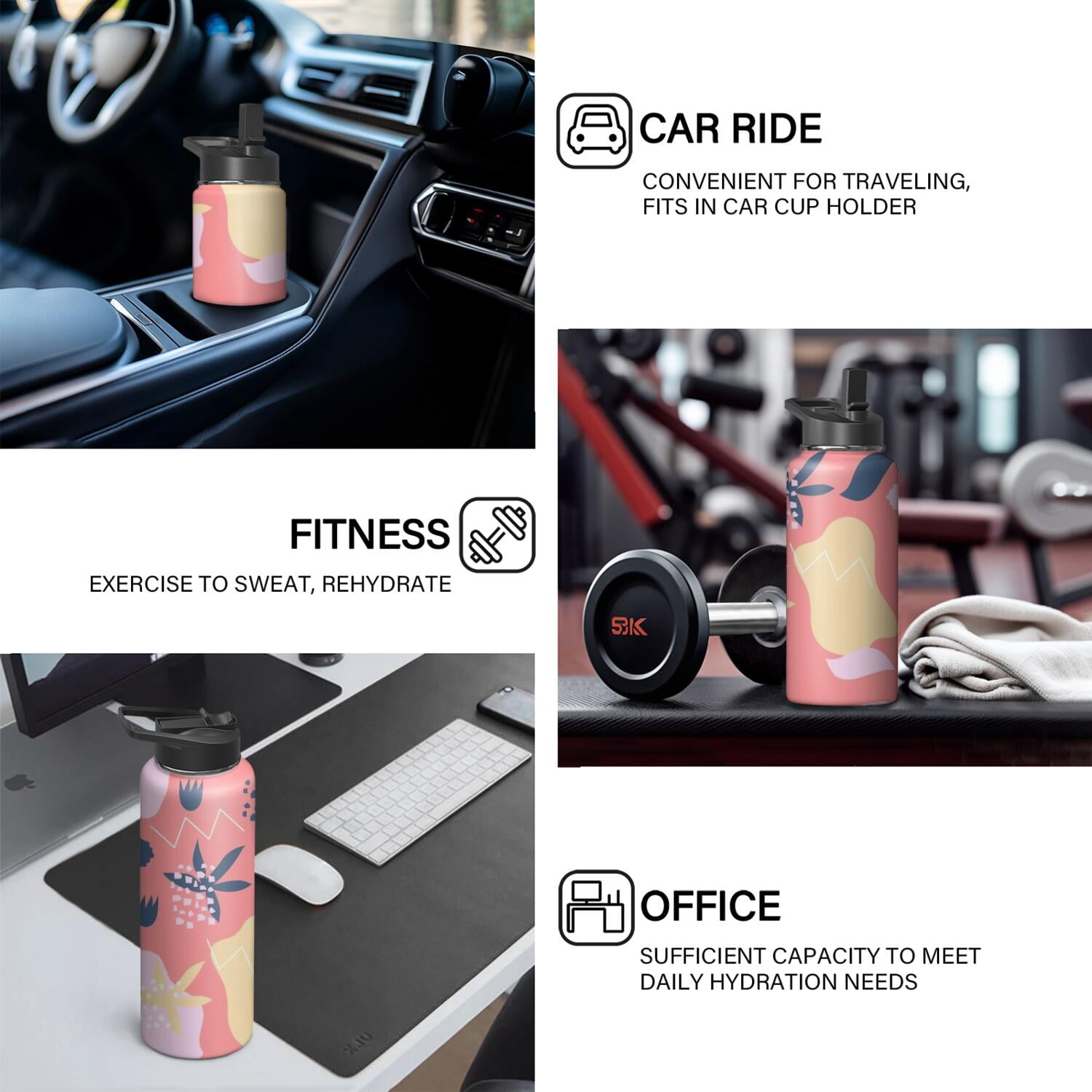 Modern 18 oz Insulated Stainless Steel Water Bottle with Straw & Cleaning Brush , Leakproof, BPA-Free, 304 Stainless Steel, Wide Mouth, Travel Mug for Car, Gym, Office