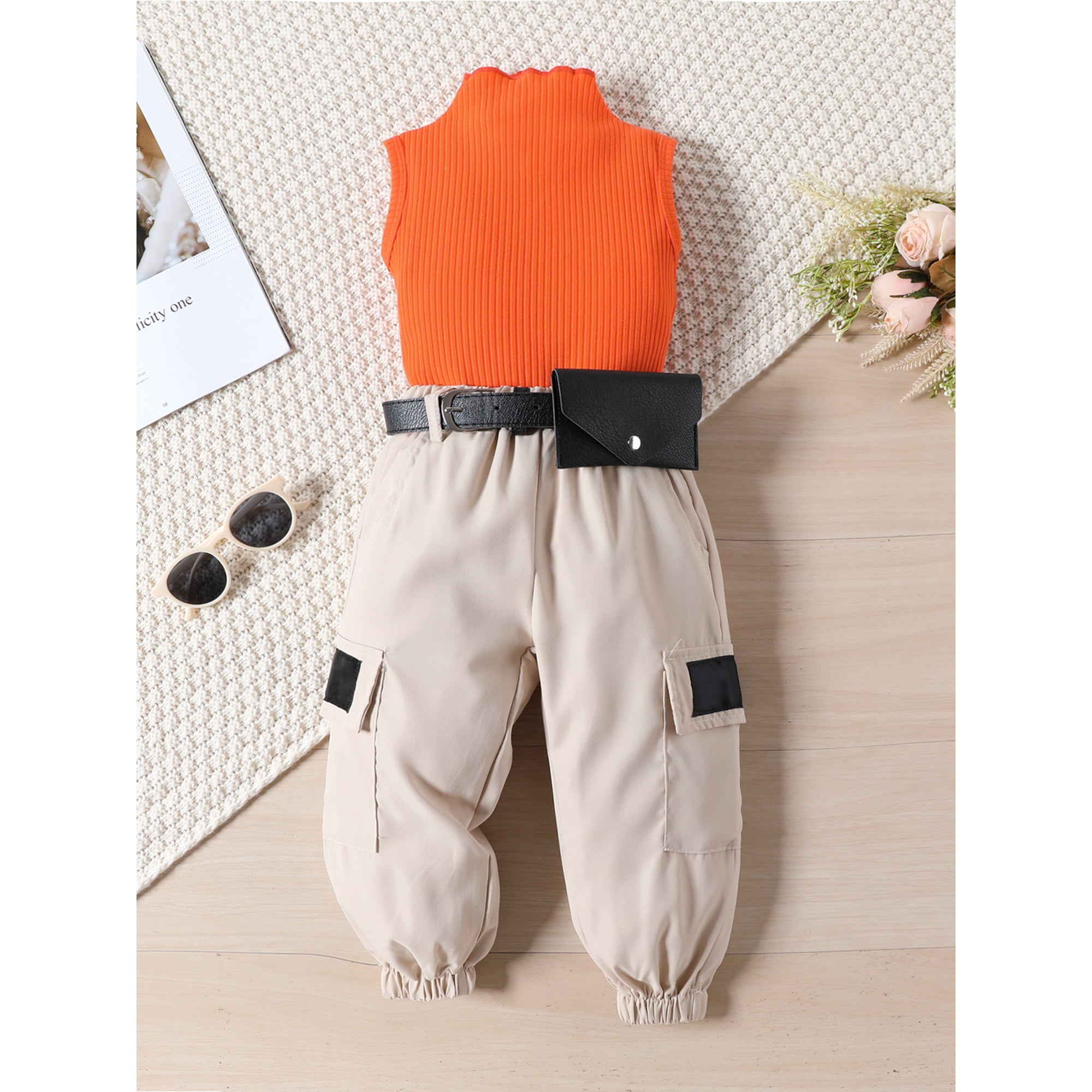 WIFORNT Kids Girls Clothes Suits Solid Color Mock Neck Sleeveless Tank Tops Big Pockets Belt Cargo Pants Bag 3Pcs Suit