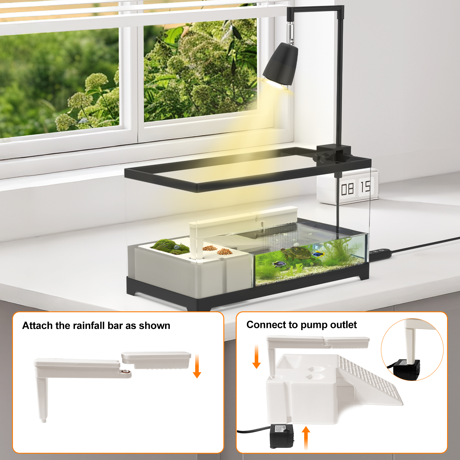 Turtles & Aquatic Tank Kit Pets 7.8 Gallon Terrarium with Basking Platform & Timed Heat Lamp & Rain Filter, 19.7 L x 9.5 W x 9.6 H