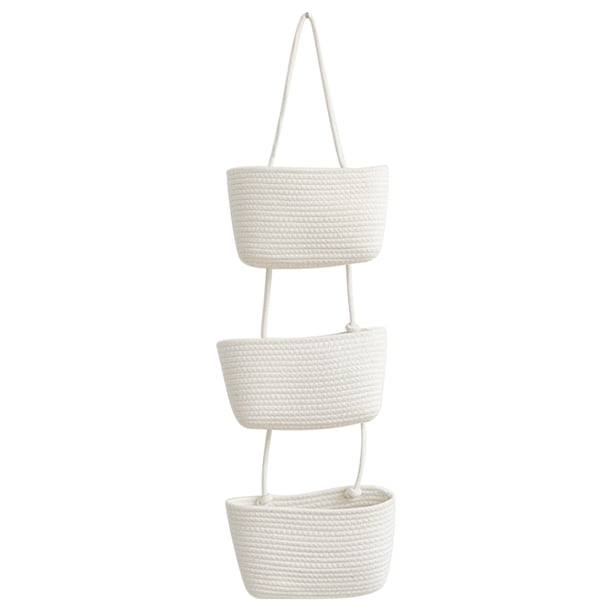 Organizador de almacenamiento para cestas colgantes de pared - Estantería de cuerda de algodón de 3 capas para puertas, paredes y armarios - puede aguantar hasta 8 libras, plegable para baño