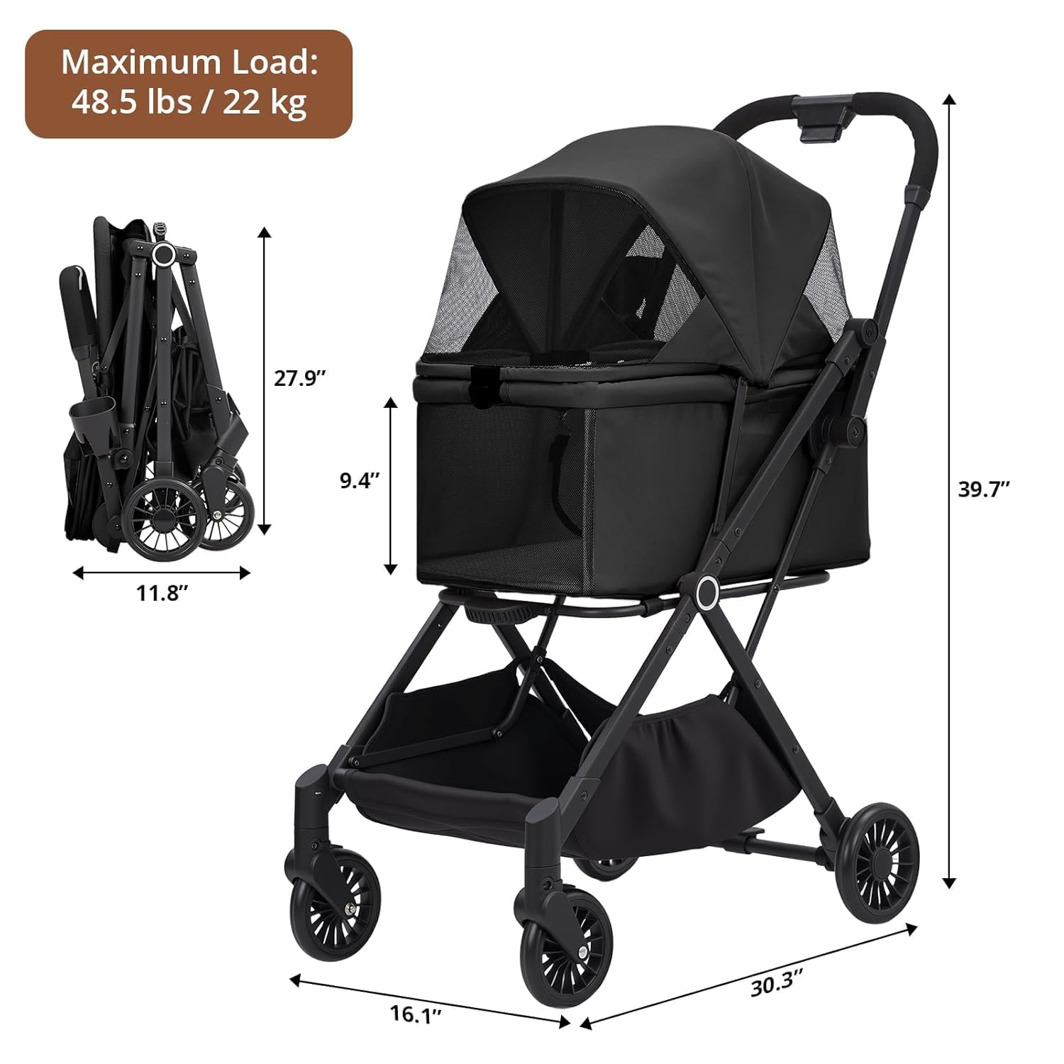 Historyli Dog Stroller-4-Wheel Lightweight Foldable Pet Stroller-50 LBS Capacity,360-Degree Swivel Front Wheels & Foot Brake,Portable Pet Carrier for Small Medium Dogs Cats Puppy