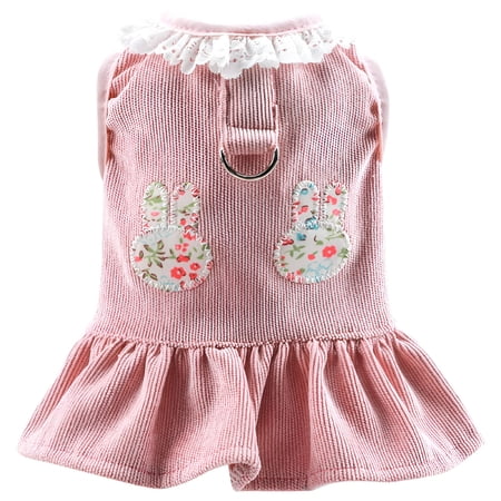 TELOLY Dog Harness Dress with D Ring Rabbit Patch Lace Princess Puppy Dress Skirt Fall Winter Thick Corduroy Holiday Pet Clothes Dresses for Small Dogs Girl Cat Outfit - M
