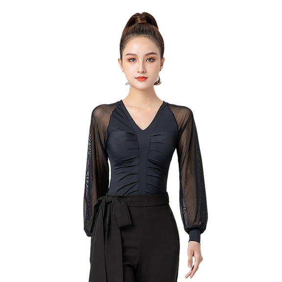Adult Fitted Ruched Body Top V Neck Sheer Long Sleeves For Latin Ballroom Practice Nights Seminars Shows
