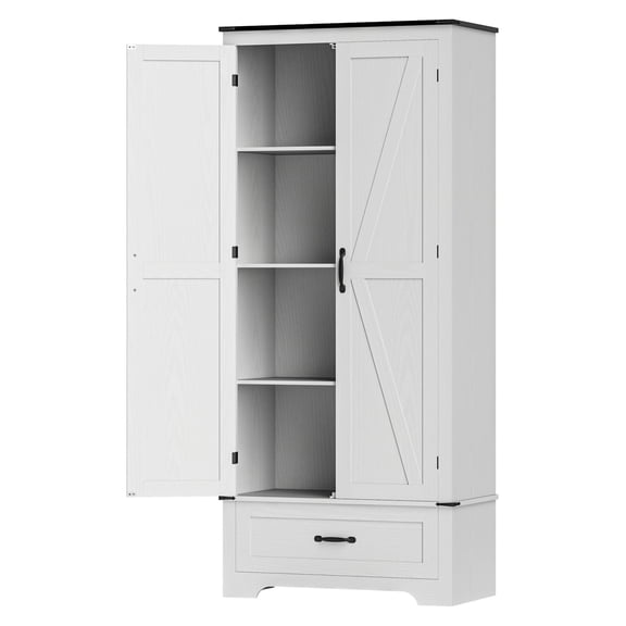 72" Farmhouse Pantry Cabinet - Kitchen Storage with Adjustable Shelves, 2 Doors, Distressed White